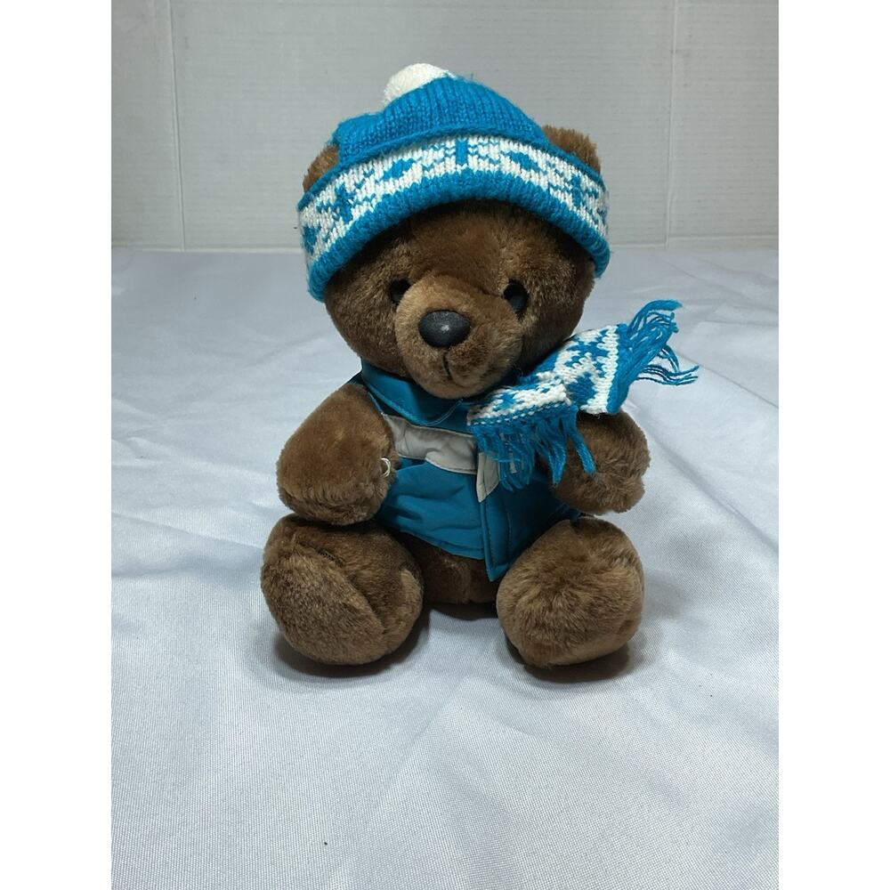 VINTAGE 1987 DAKIN brown Bear beanie vest scarf 8 1/2" plush‎ toy